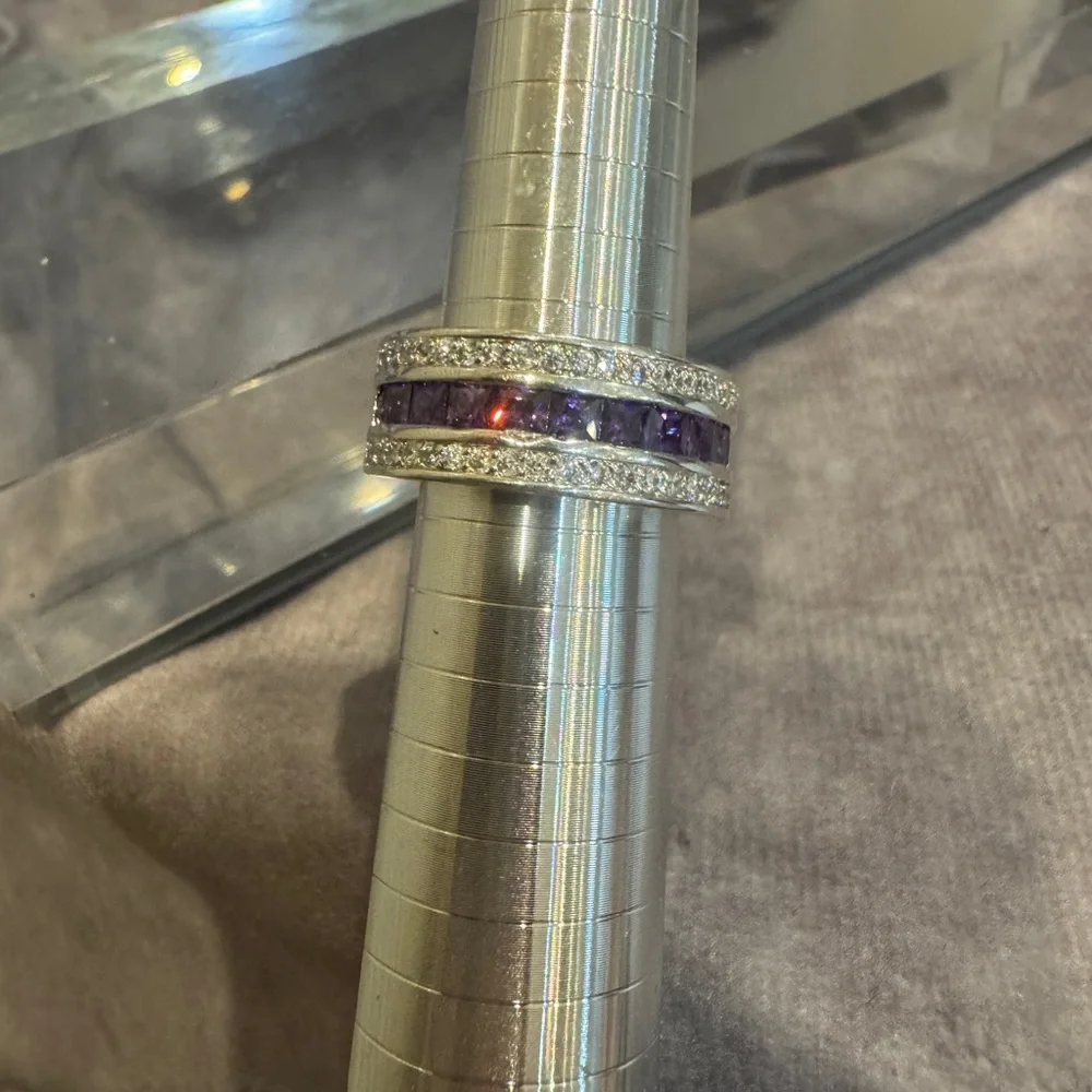 Elegant Sterling‎ Silver 925 & Purple baguette Cz Band Women's Ring Size 8
